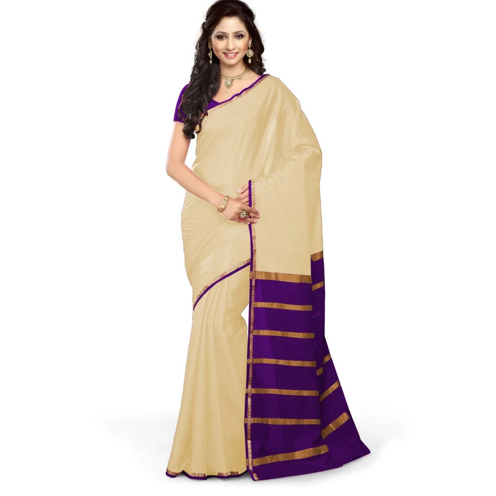 Tussar Cream with Voilet Contrast Onam Special Pure Mysore Silk Handwoven saree
