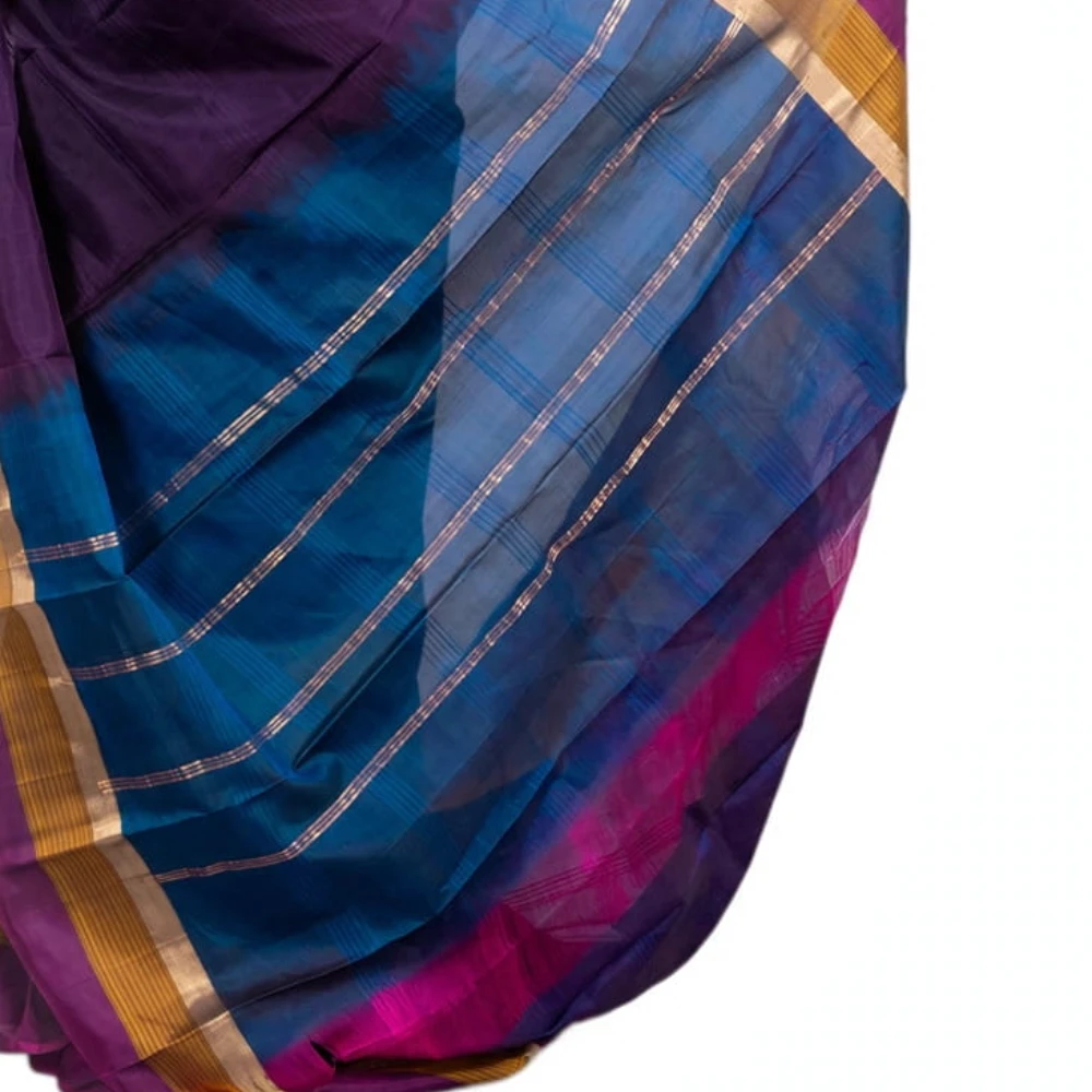 Teal Blue with Gold and Copper Zari Pure Kanchipuram Silk Handloom Saree | Korvai Border | Gold Zari | Silk Mark with Blouse - FabFashionz