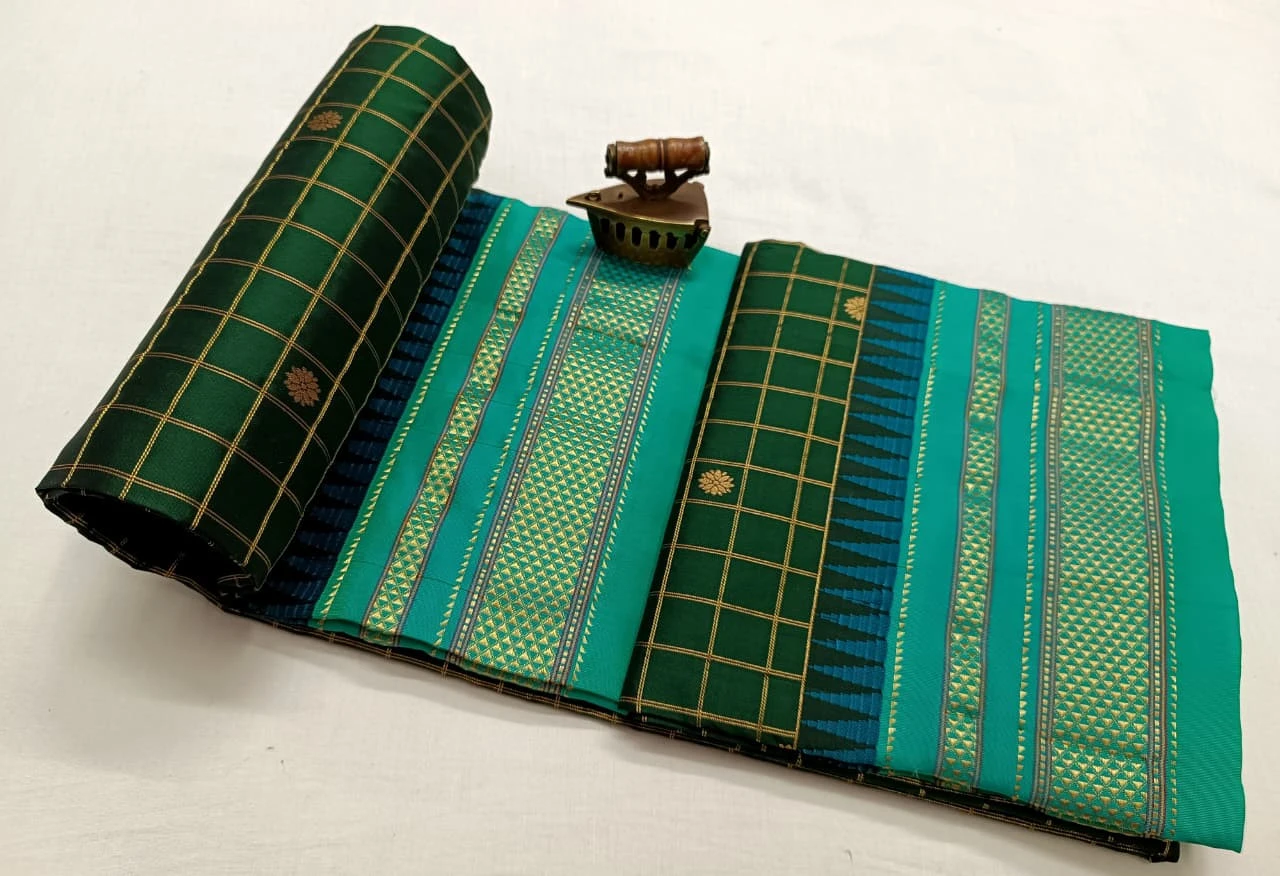 Pure Ilkaal Checks saree in Bottle Green & Turquoise with zari border and traditional woven patterns