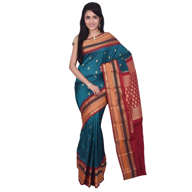 Blue with MultiColour Border Kadiyal Variety Pure Bangalore Silk Superior Quality Saree