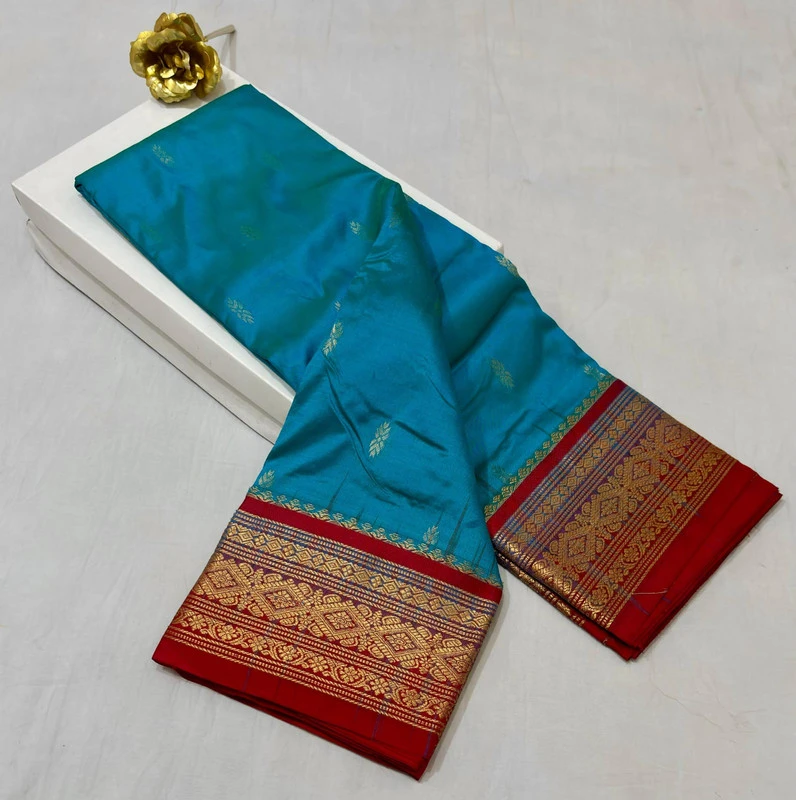 Blue with Red Contrast traditional silk saree with zari border for festive and wedding wear