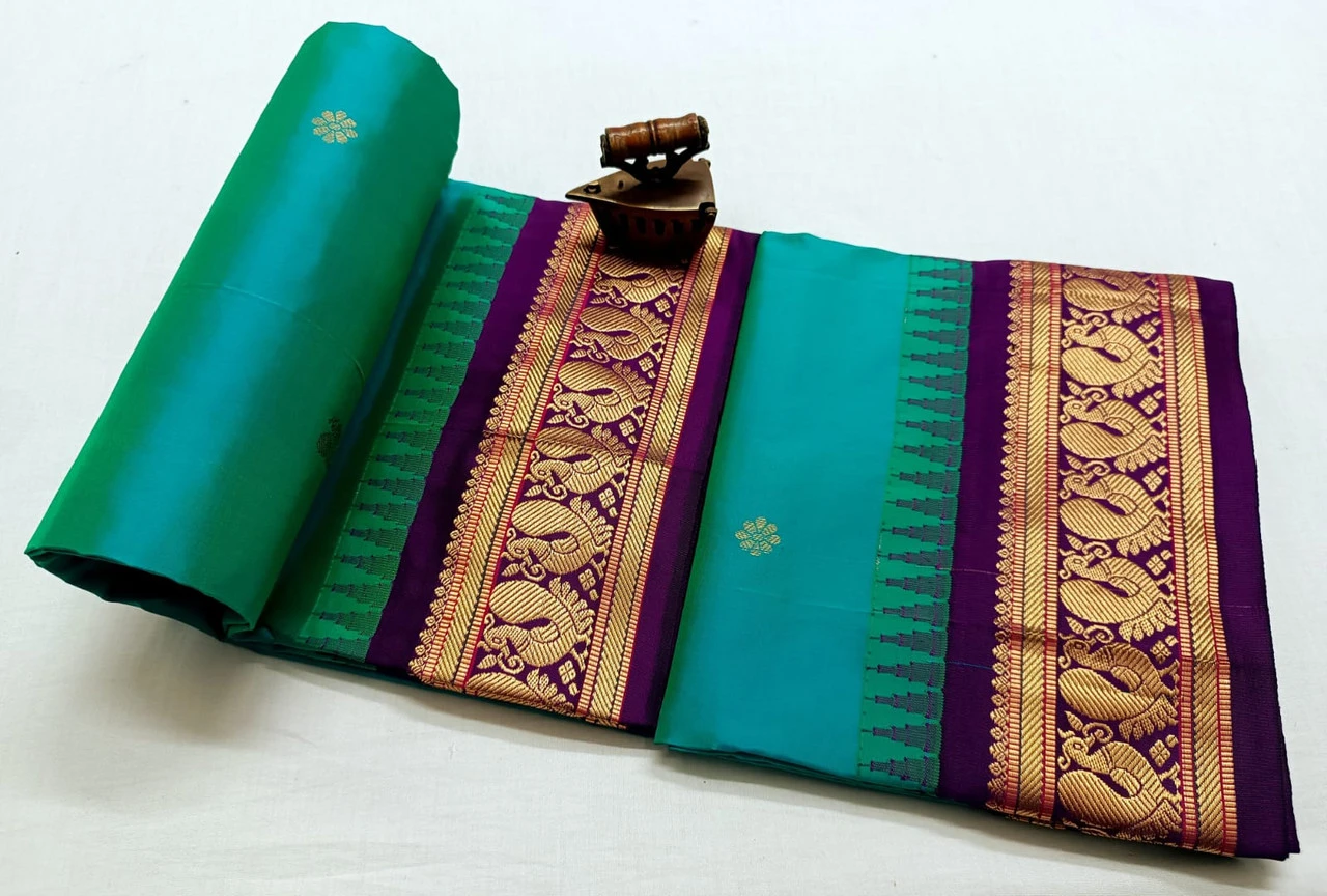Rama Green with Magenta Contrast Gadwal traditional silk saree with zari border for festive and wedding occasions