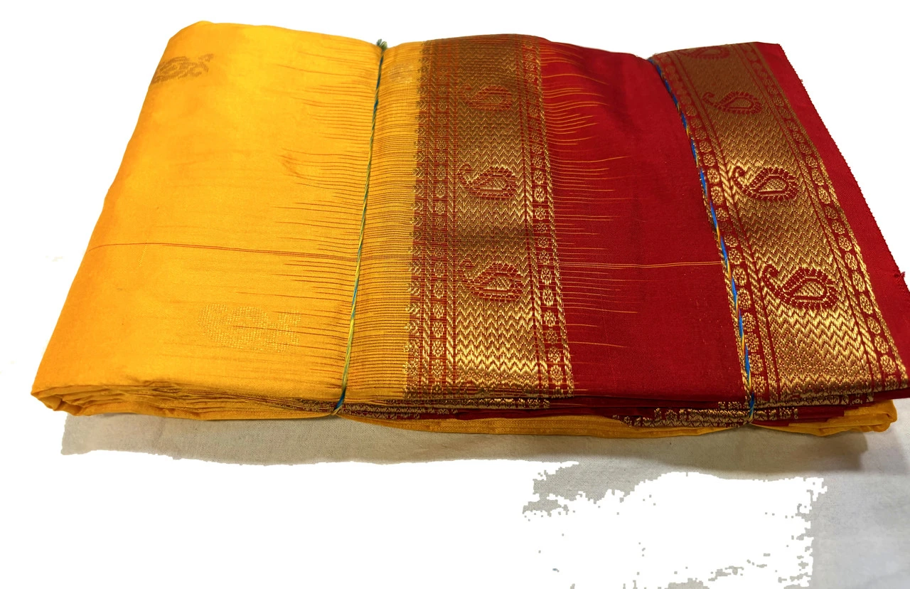 Exclusive Kanchipuram Pure Silk Saree with Pure Silk Blouse - Mustard Yellow & Red