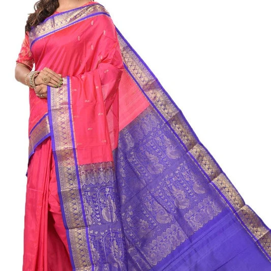 Traditional Kanchipuram Pure Silk Saree in Rani Pink and Voilet Contrast 