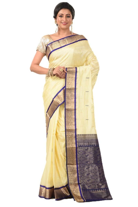 Kanchipuram Pure Silk Saree in Cream with Voilet Contrast for Durga Pooja