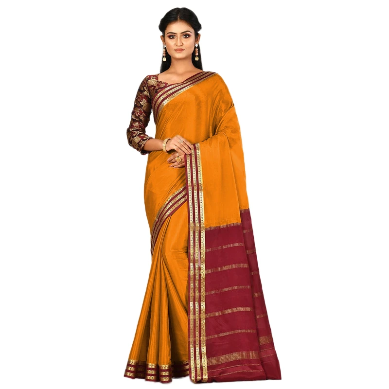 Orange and Marron Contrast  Three Lines Border Pure Mysore Silk Saree with silk Mark