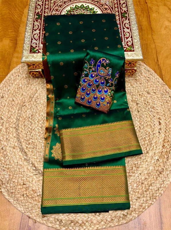 Regal Bottle Green Semi Silk Paithani Saree with Peacock Embroidery Designer Blouse