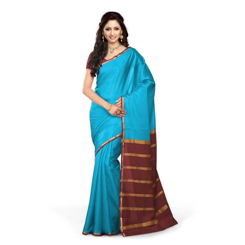 Pure Mysore Silk saree in Sky Blue and Brown Contrast Mango Border