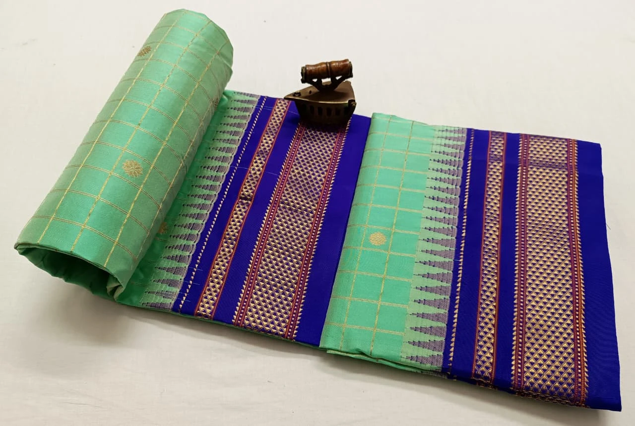 Pure Ilkaal Checks saree in Mint Green & Royal Blue with zari border and traditional woven patterns