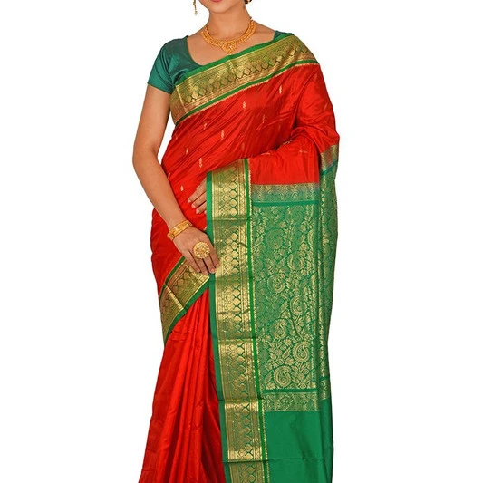Traditional Kanchipuram Pure Silk Saree in Red with Green Contrast