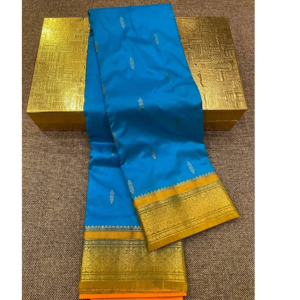 Kanchipuram Pure Silk Saree Anandha Blue with Yellow Border