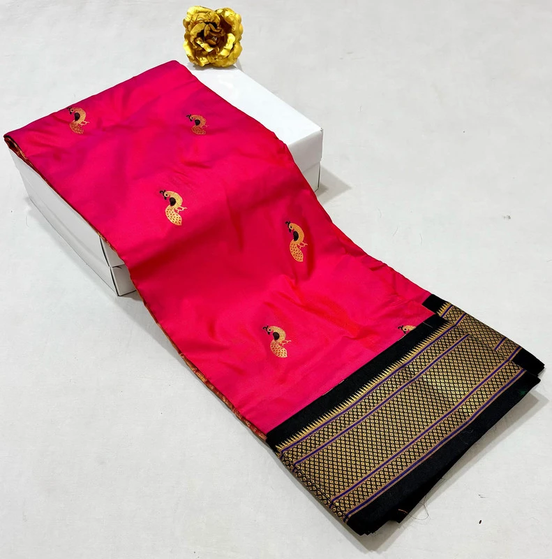 Vibrant Pink Pure Silk Paithani Saree with Peacock Embroidery Blouse & Black Gold Zari Border
