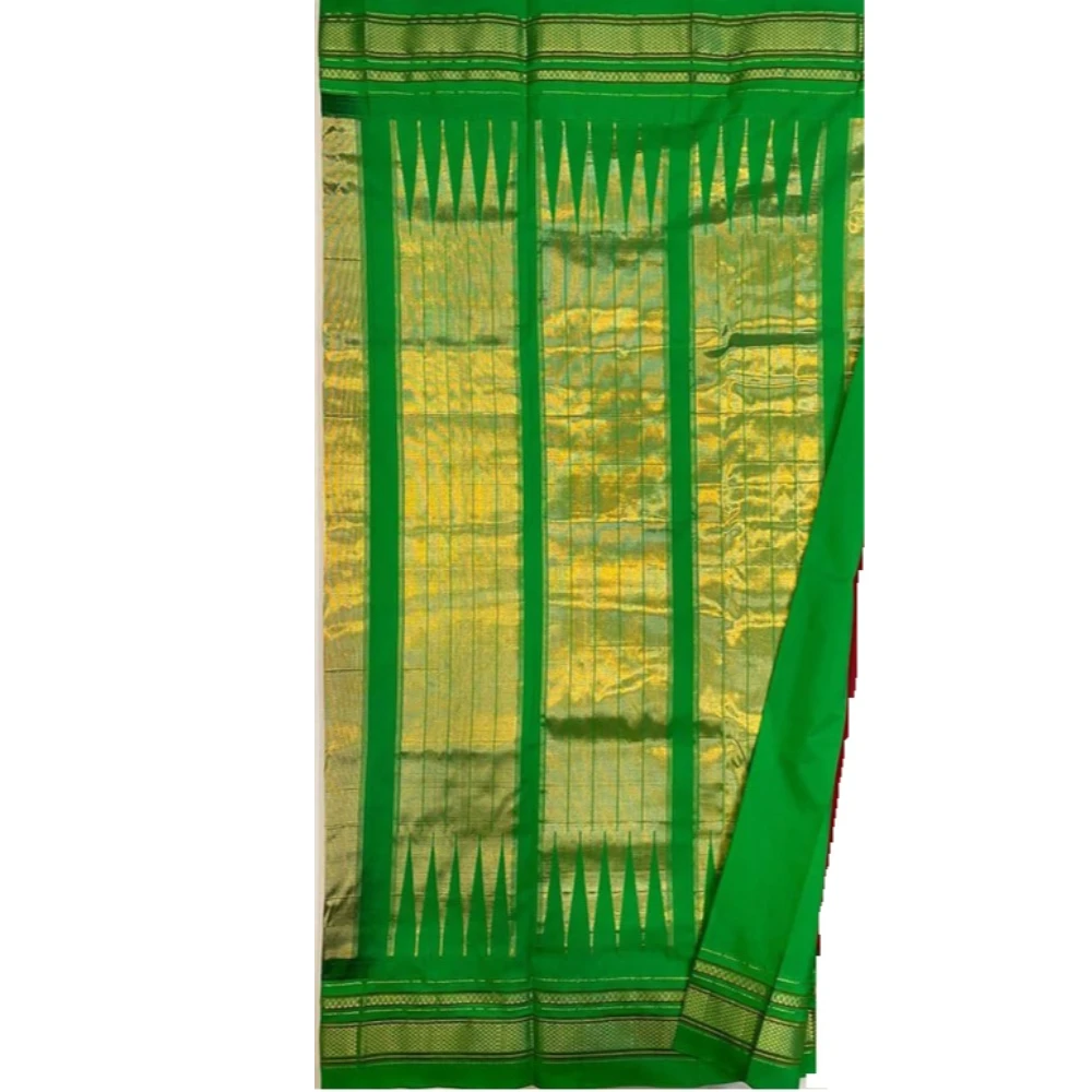 Pink Ilkaal plain pure saree with Green zari border and traditional woven design