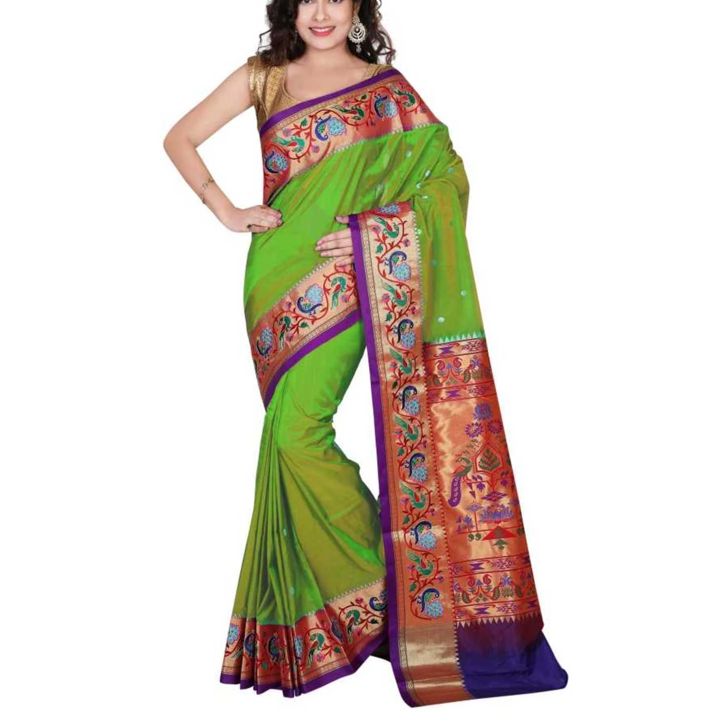 Parrot Green and Voilet Fancy Embroidery Border Paithani Art Silk Saree