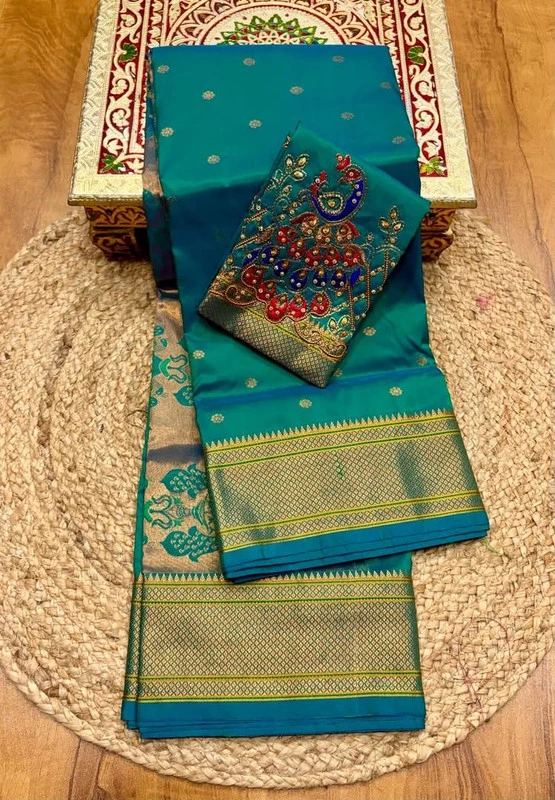 Heritage Rama Green Semi Silk Paithani Saree with Peacock Embroidery Designer Blouse