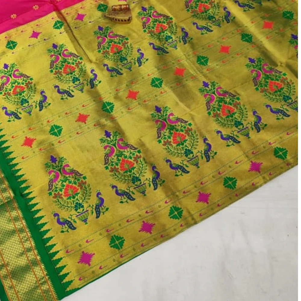 Wine with Green Border Paithani Pure Silk Saree with Meena Butta weaving and traditional zari border