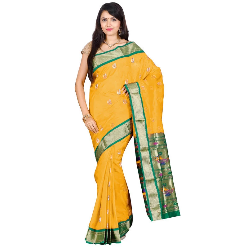Handwoven Paithani Pure Silk Yellow and Green Border Saree with Silk Mark