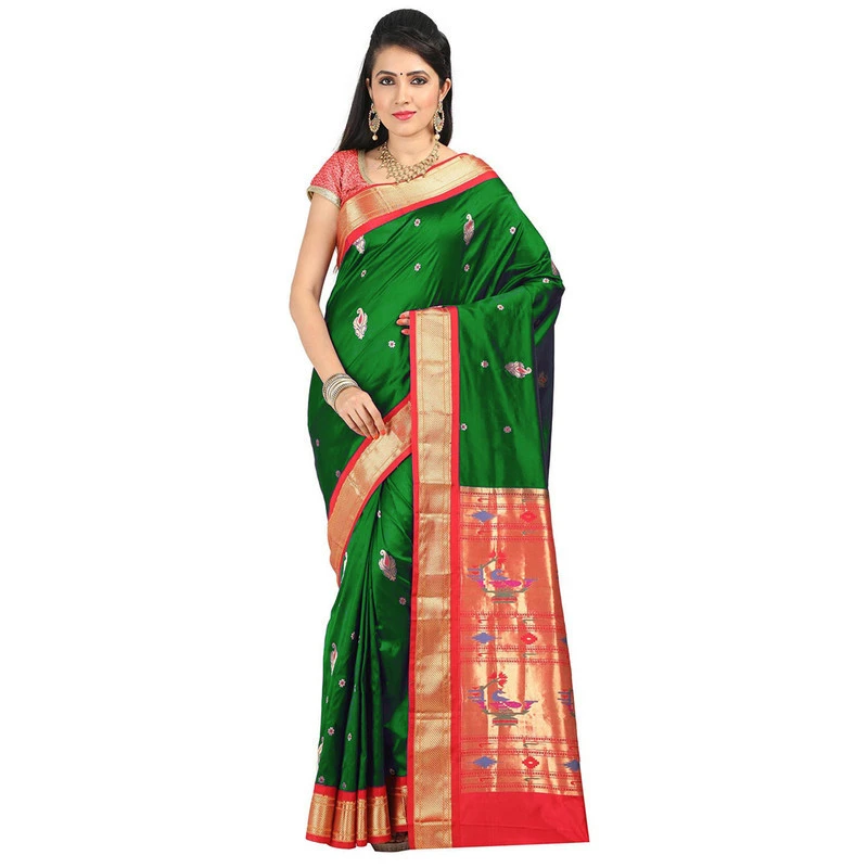 Paithani Pure Silk Green and Red Border Meena Butta Saree with Silk Mark