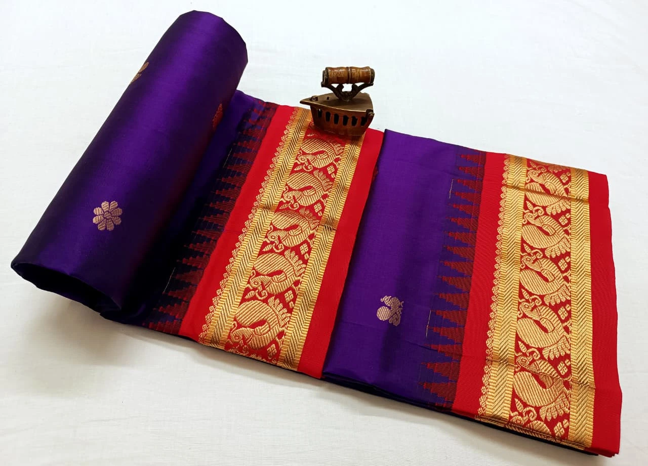 Magenta wine with Red Contrast Gadwal traditional silk saree with zari border for festive and wedding occasions