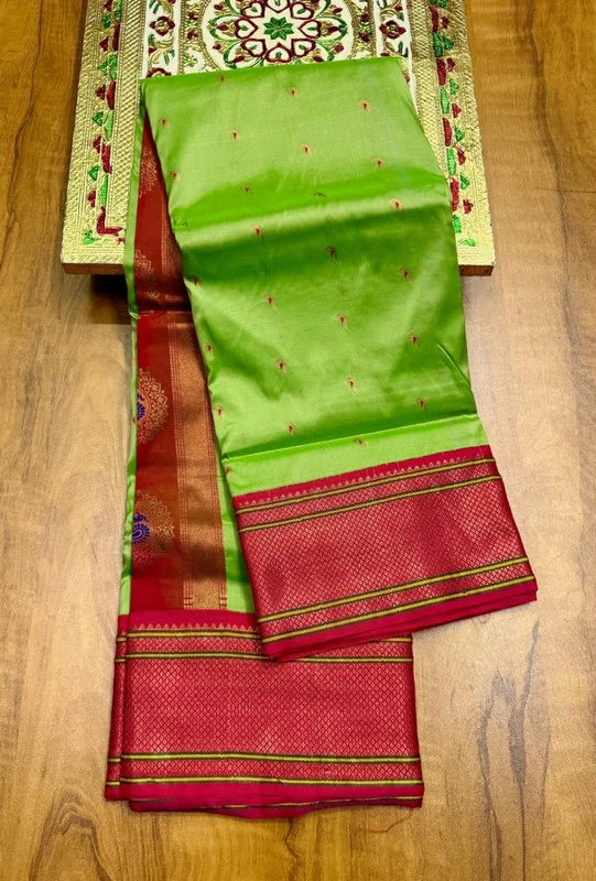 Parrot Green Semi Silk Paithani Saree with Peacock Embroidery Blouse