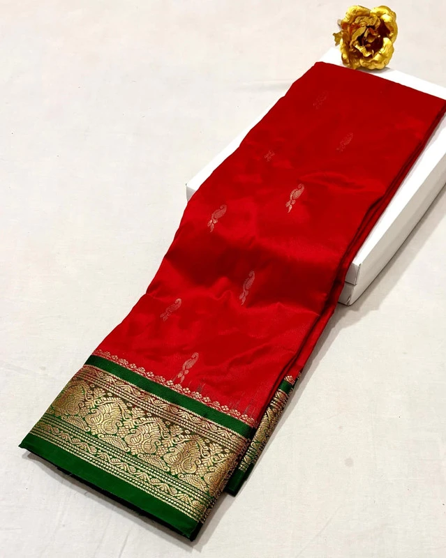 Red Kanchipuram pure silk saree with Green and Gold zari border, traditional Indian wedding saree