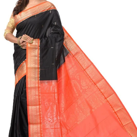 Kanchipuram Pure Silk Saree Black and Orange