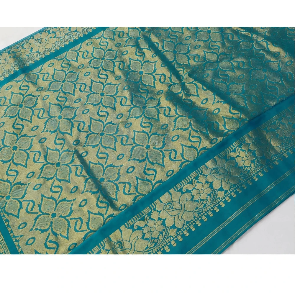 Exclusive Kanchipuram Pure Silk Saree with Pure Silk Blouse - Teal & Purple