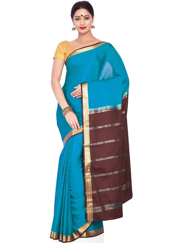 Sky Blue with Brow Contrast Pure Mysore Silk Handwoven saree