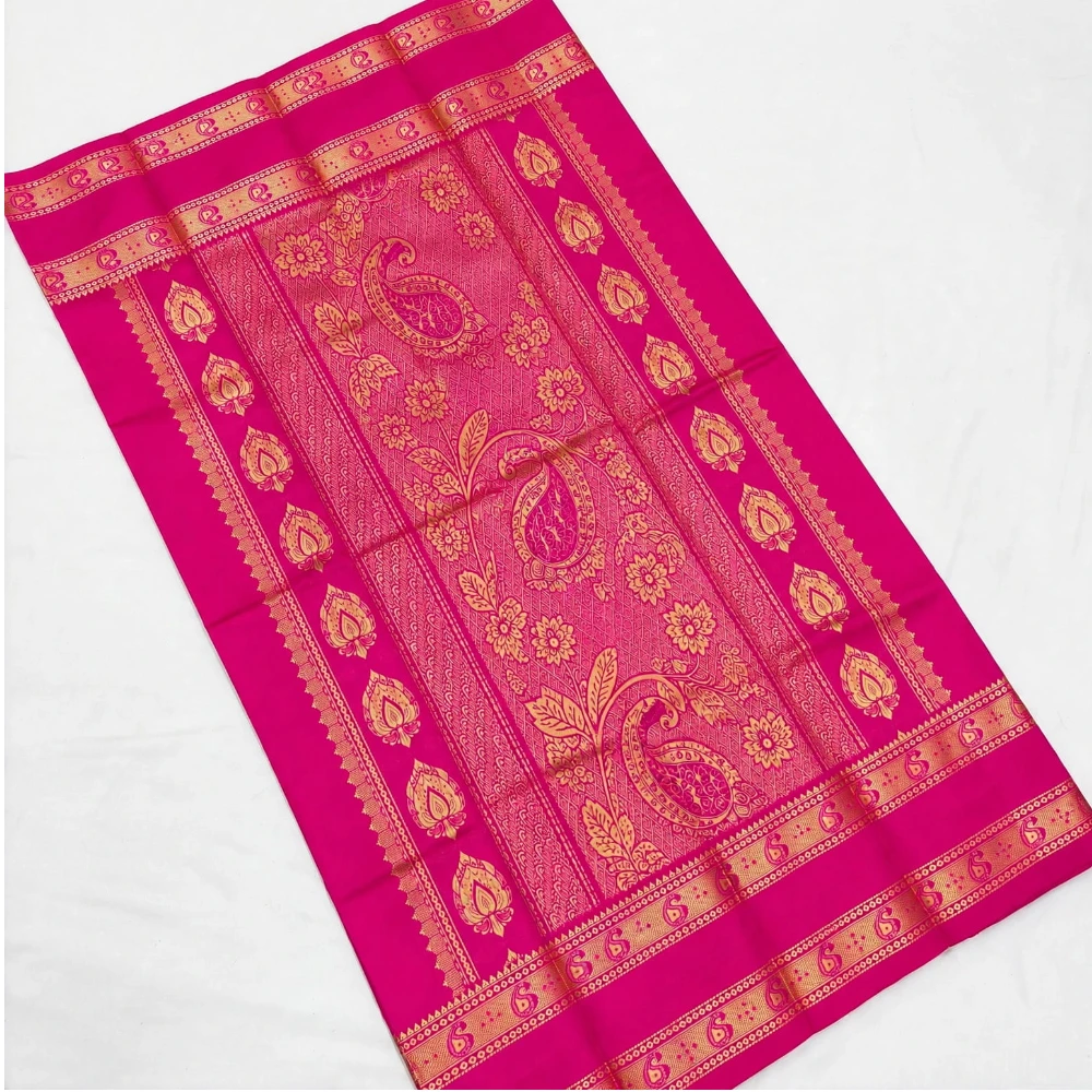 Peach Pink with Rani Border Kanchipuram silk saree with Bentex border and golden motifs