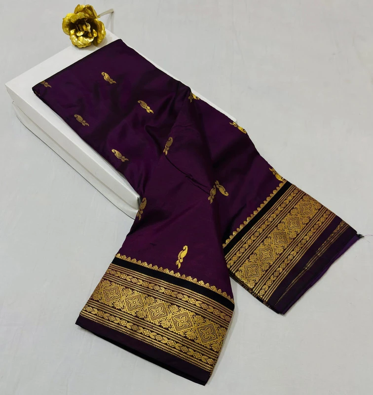 Coffee Brown with Violet Contrast traditional silk saree with zari border for festive and wedding occasions