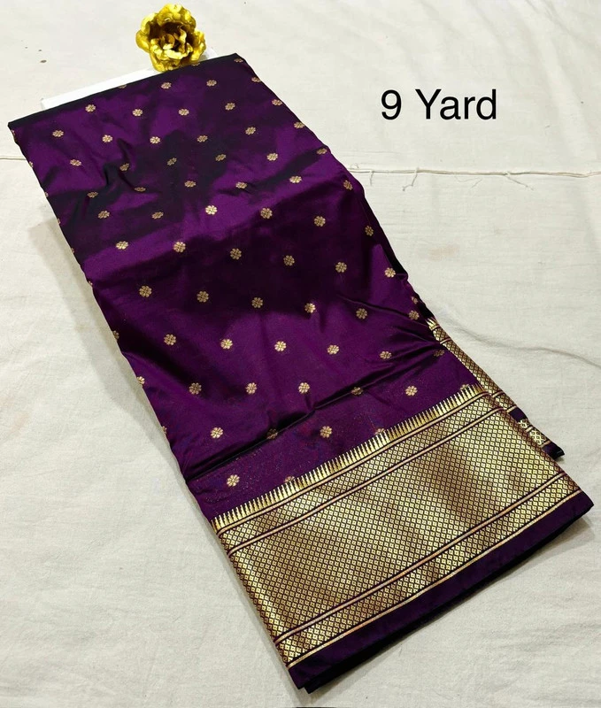 Purple Self Border Paithani Pure Silk Saree with Meena Butta weaving and traditional zari border