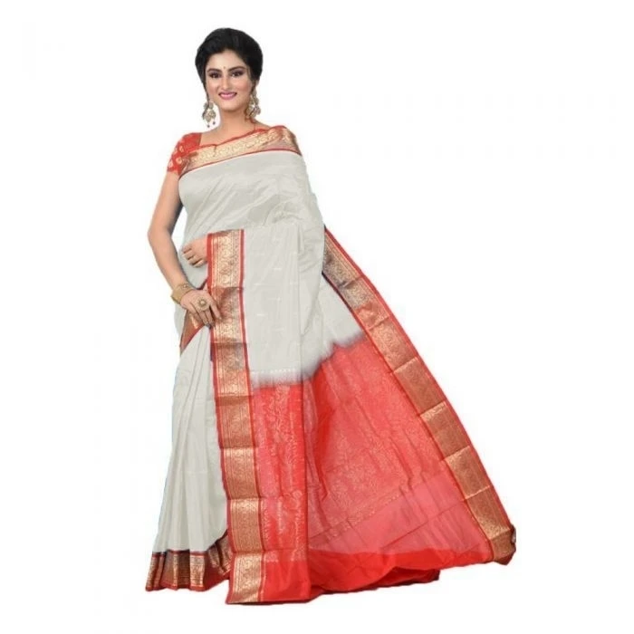Milk White and Red Traditional Kanchipuram Pure Silk Saree