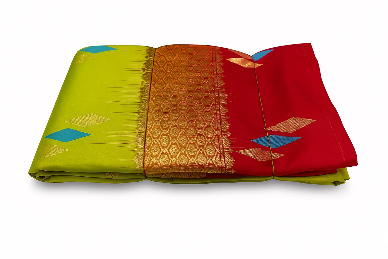 Lime Green and Red Multicolor Contrast Exclusive Kanchipuram Pure Silk Saree with Bentex Border & Diamond Butta
