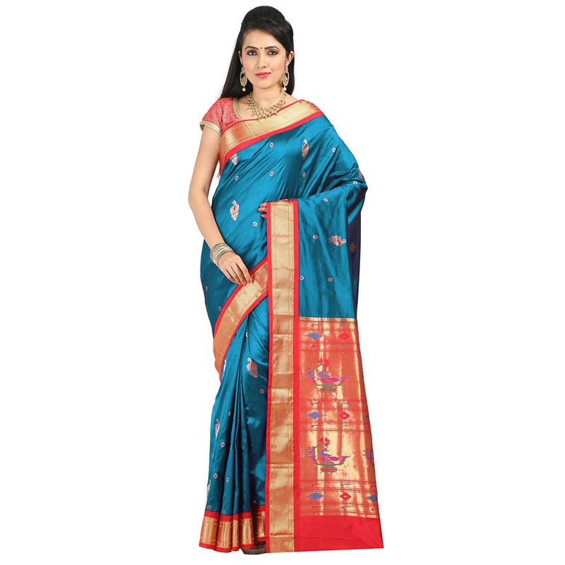 Paithani Pure Silk Rama Blue and Red Border Meena Butta Saree with Silk Mark