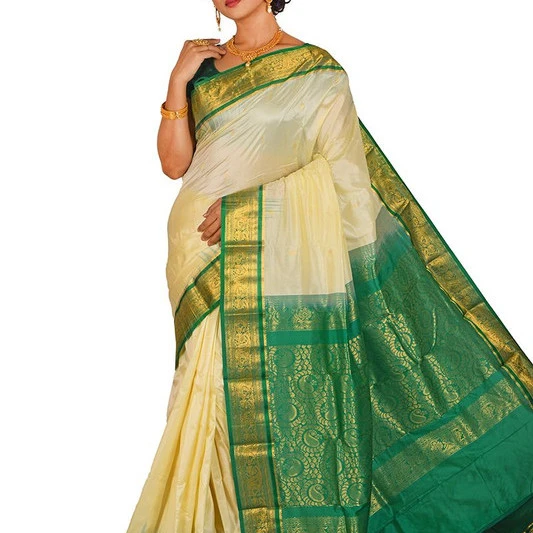 Traditional Kanchipuram Pure Silk Saree in Off White with Green Contrast 