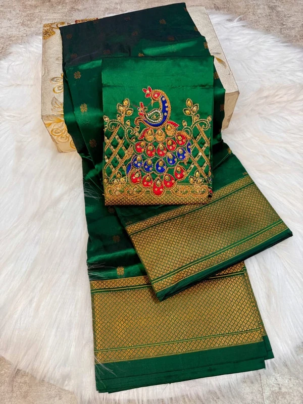 Bottle Green Semi Silk Paithani Saree with Peacock Embroidery Designer Blouse