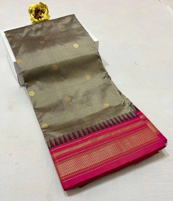 Bronze Grey pure Ilkaal Butta saree with Pink zari contrast border and traditional gold motifs