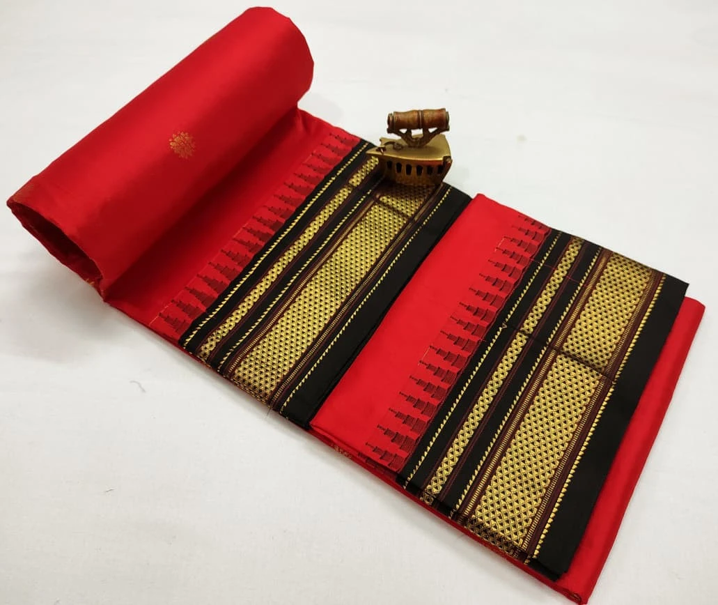 Red Ilkaal Butta pure silk saree with zari border and traditional woven patterns