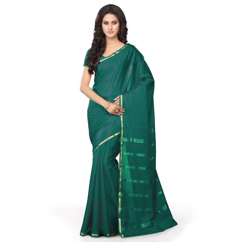 Woven Teal Green Self Colour Pure Mysore Silk Mango Border Saree with Silk Mark