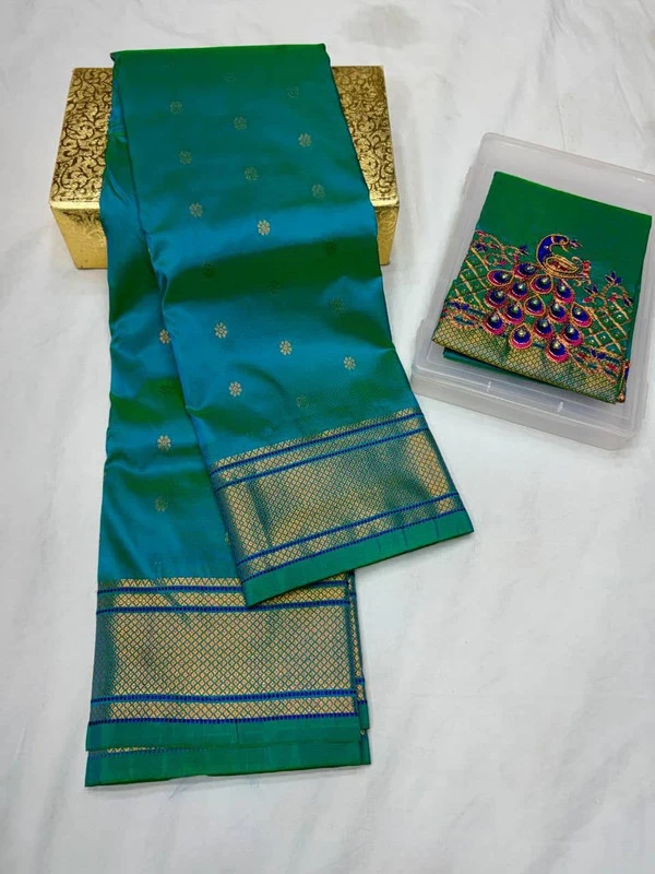 Premium Teal Blue Semi Silk Paithani Saree with Peacock Embroidery Blouse