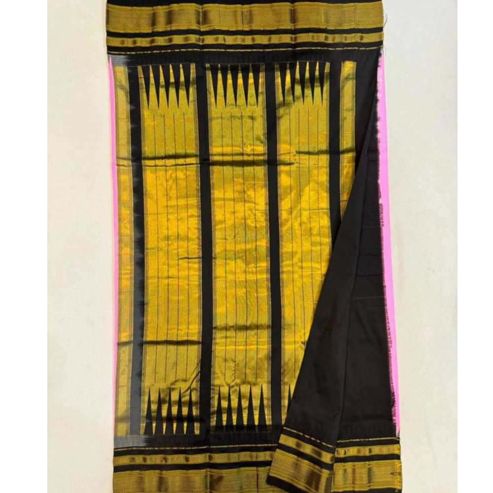 Mustard and Black Ilkaal Butta pure silk saree with zari border and traditional weaving