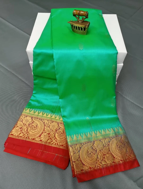Aqua Green Red Border Exclusive Kanchipuram Silk Saree