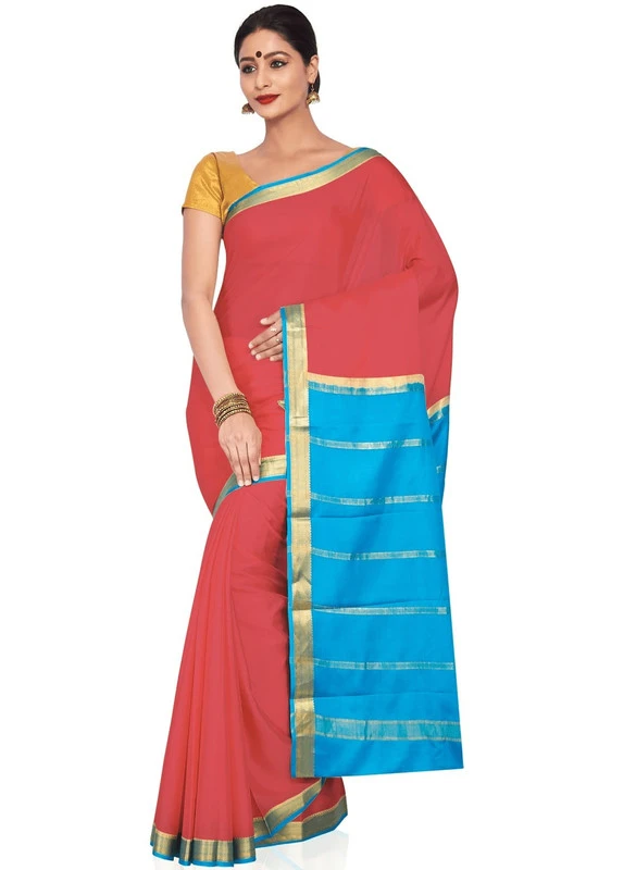 Peach Pink and Anandha Blue Handwoven Pure Mysore Silk saree