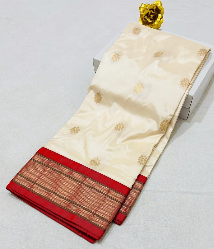 Classic Cream Pure Silk Paithani Saree with Gold Lotus Buti & Rich Red Zari Border