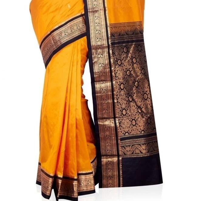 Traditional Arangetram Kanchipuram Pure Silk Saree in Golden Orange with Black Contrast 