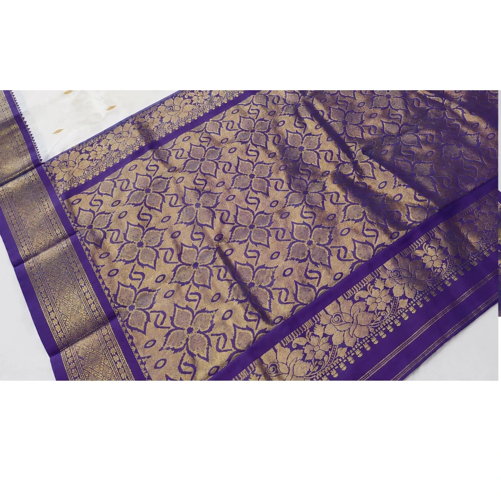 Yellow with Violet Border traditional silk saree with zari border for wedding and festive wear