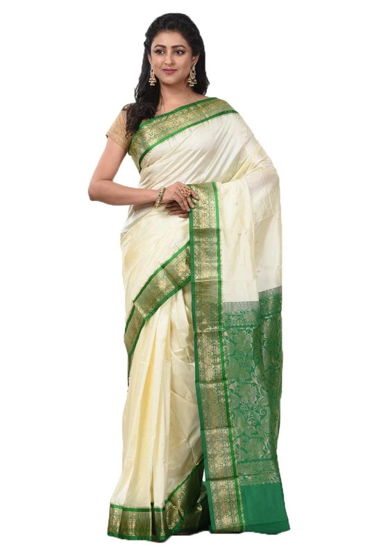Kanchipuram Pure Silk Saree in White with Green Contrast for Durga Pooja