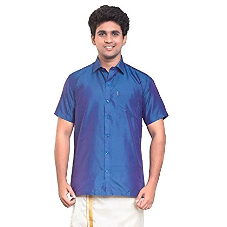 Blue Silk Dupion Half Slevees Shirt