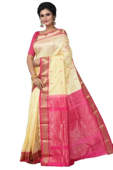 Kanchipuram Pure Silk Saree in Cream with Rani Pink Contrast for Durga Pooja