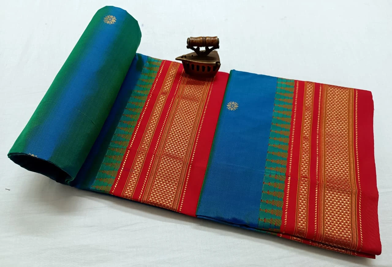 Sky Blue Ilkaal Butta pure silk saree with zari border and traditional woven patterns